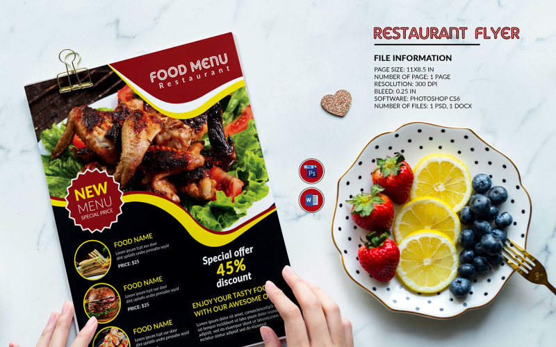 Modèle de flyer de menu de restaurant. Modèle Photoshop et MsWord