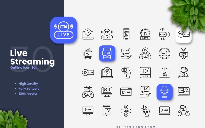 30 Live Streaming Outline Ikonuppsättning
