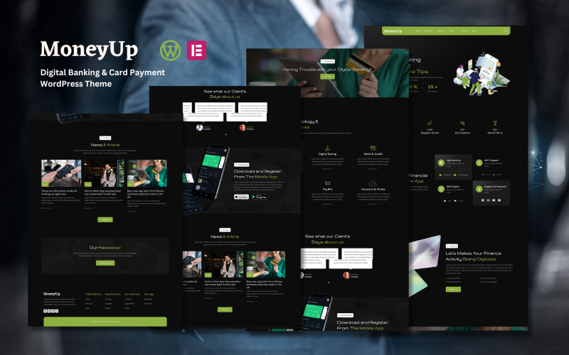 MonyUp - Motyw WordPress dotyczący bankowości cyfrowej i usług płatności kartami