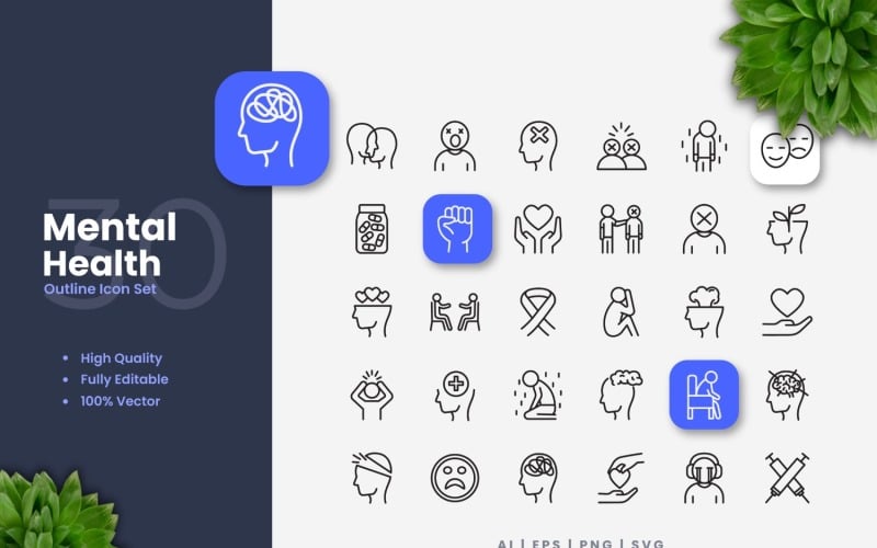 30 Mental Health Outline Icon Set