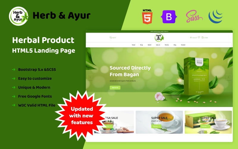 Herb&Ayur -草药产品的HTML5登陆页面