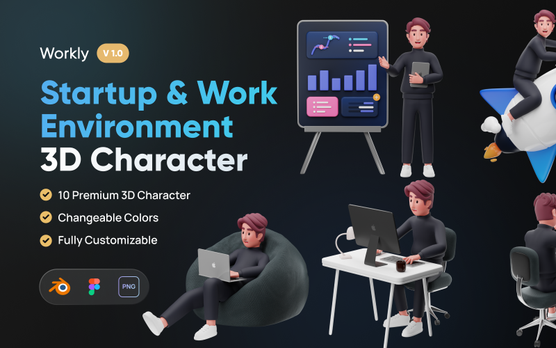 Workly - Personagem 3D de inicialização e ambiente de trabalho