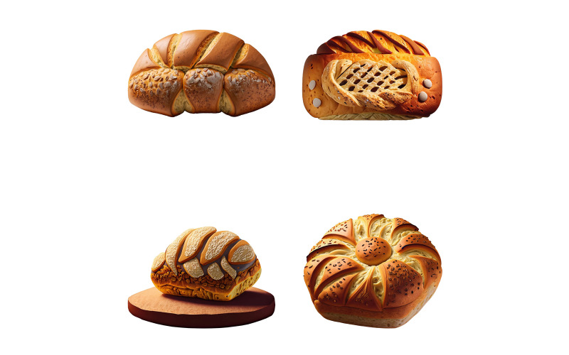Set di diversi tipi di pane isolati su sfondo bianco.