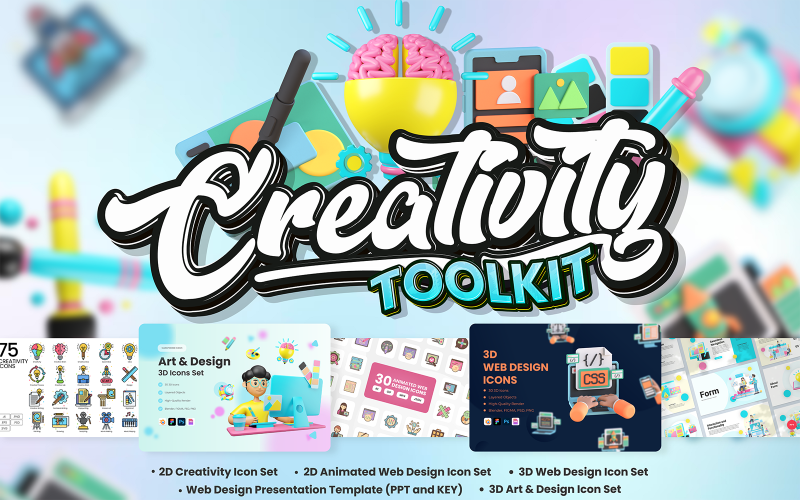 Le kit d'outils de créativité contient un jeu d'icônes 3D, des icônes 2D et une présentation.