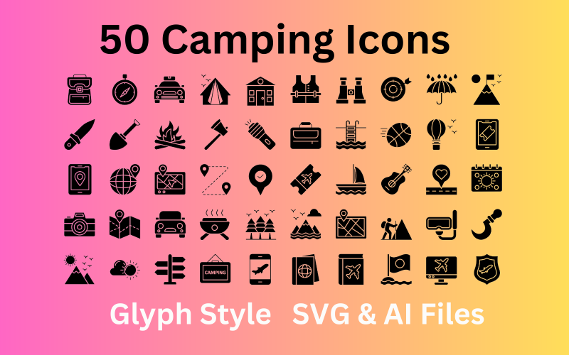 Camping Icon Set 50 icônes de glyphes - Fichiers SVG et AI