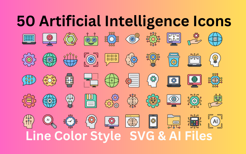 一套人工智能图标与50行彩色图标- SVG和AI文件