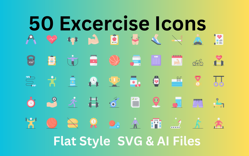 Egzersiz Simgesi Seti 50 Düz Simge - SVG ve AI Dosyaları
