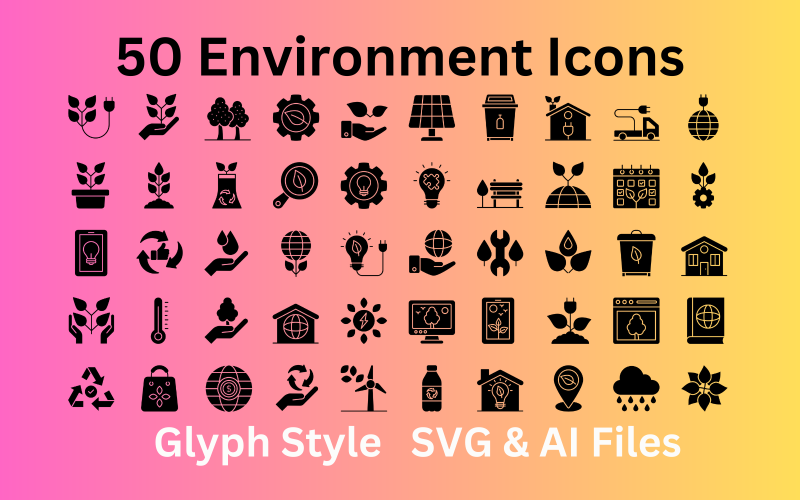 Ensemble d'icônes d'environnement 50 icônes de glyphes - Fichiers SVG et AI