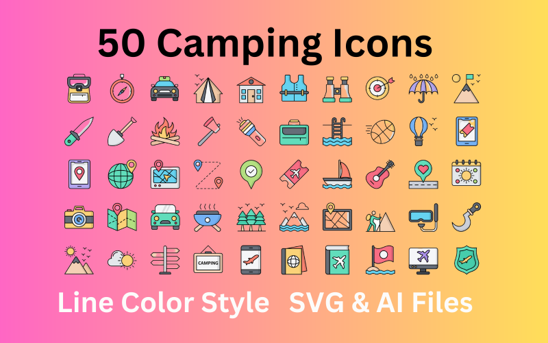 Kemping ikonkészlet 50 vonal színes ikonok - SVG és AI fájlok