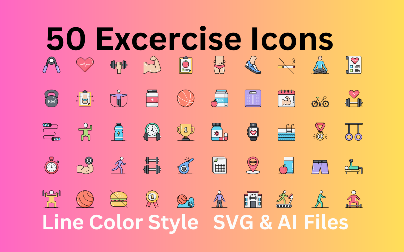 Oefening Icon Set 50 lijnkleur iconen - SVG- en AI-bestanden