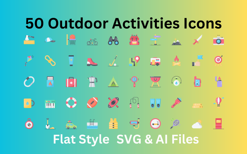 Outdoor activiteiten Icon Set 50 platte iconen - SVG- en AI-bestanden