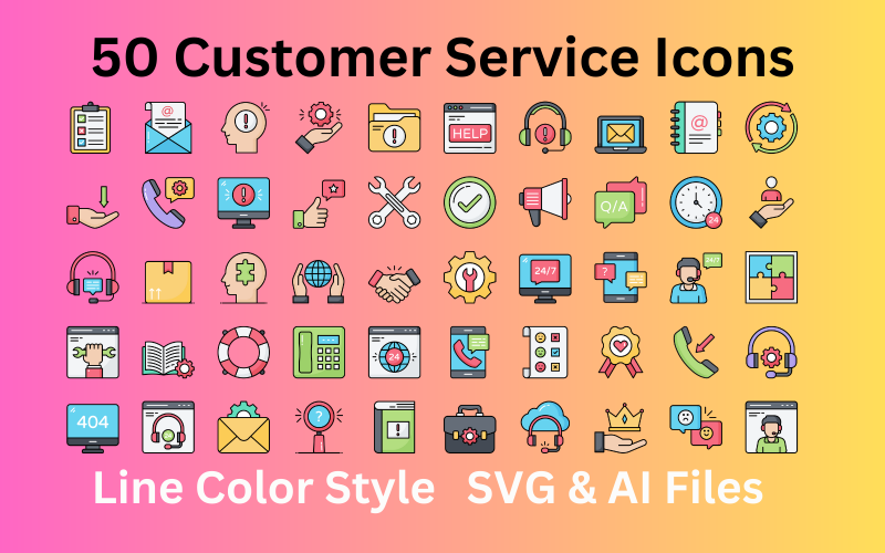 客户服务图标集与50行彩色图标- SVG和AI文件