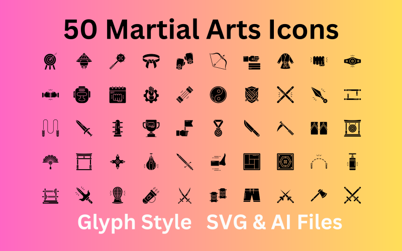 Set di icone di arti marziali 50 icone di glifi - file SVG e AI