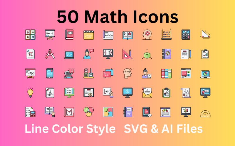 Jeu d'icônes mathématiques 50 icônes de couleur de ligne - Fichiers SVG et AI