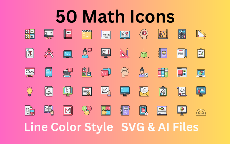 数学图标集:50个彩色线条图标- SVG和AI文件