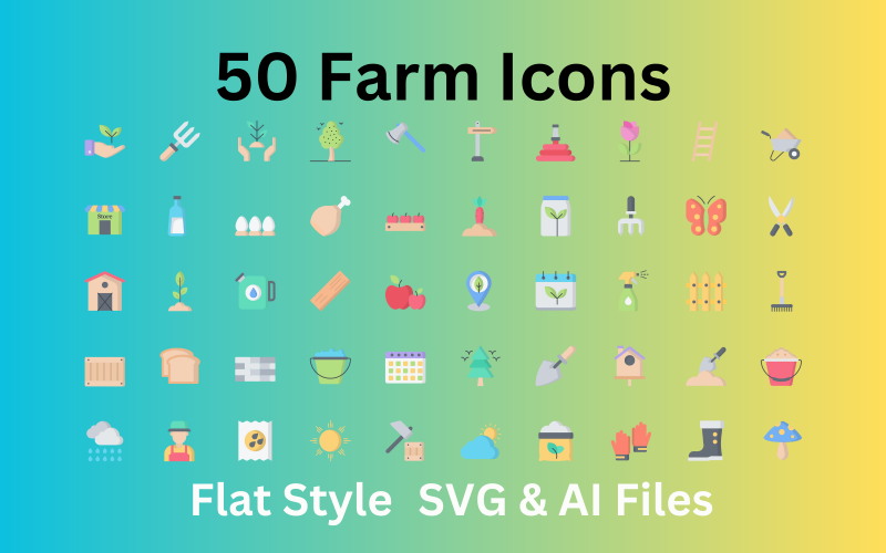 农场设置50个平面图标- SVG和AI文件