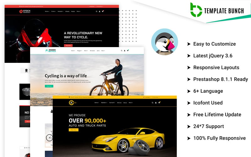 StockAuto - Auto-onderdelen en motorfietsonderdelen met fiets - Responsief Prestashop-thema voor e-commerce