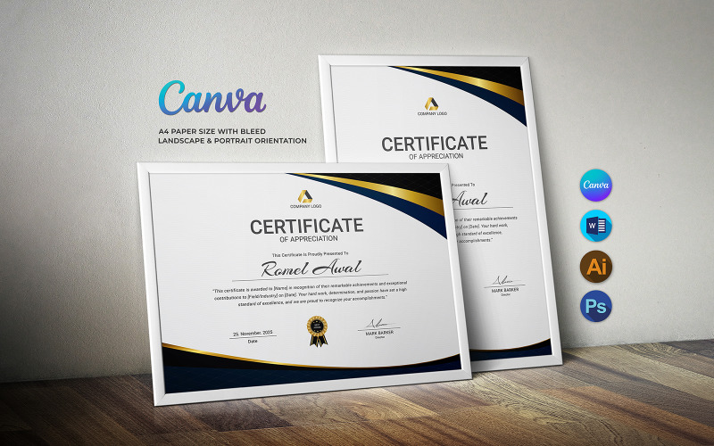 Modelo de certificado profissional Canva