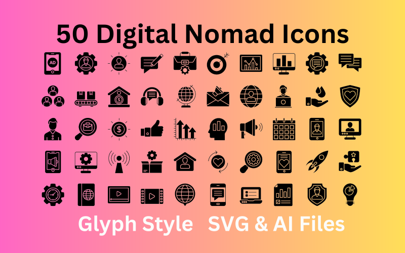 Conjunto de ícones Digital Nomad 50 ícones de glifo - arquivos SVG e AI