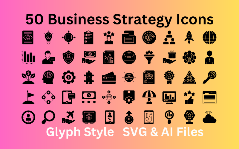 İş Stratejisi Simgesi 50 Glif Simgesi Seti - SVG ve AI Dosyaları