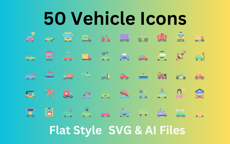 Sada ikon vozidel 50 plochých ikon - soubory SVG a AI