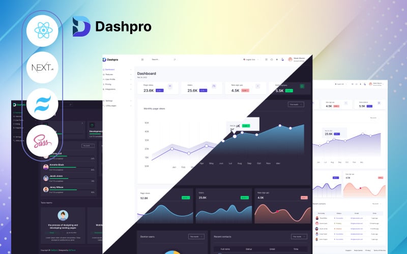 Dashpro - багатоцільовий шаблон інформаційної панелі адміністратора React + NextJS + TailwindCSS