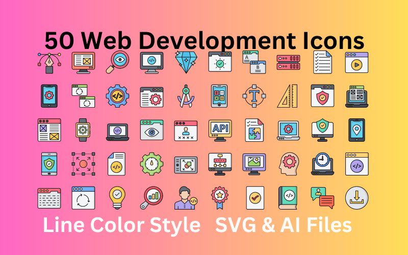 Jeu d'icônes de développement Web 50 icônes de couleur de ligne - Fichiers SVG et AI