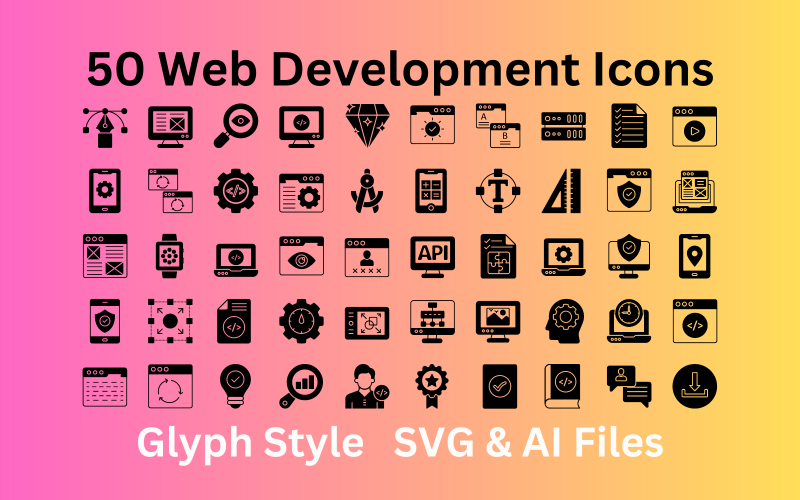 Jeu d'icônes de développement Web 50 icônes de glyphes - Fichiers SVG et AI