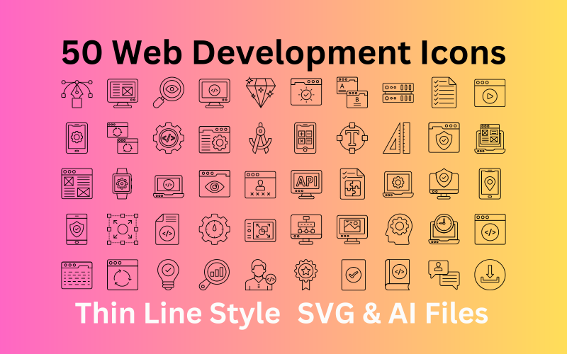 Набор иконок для веб-разработки: 50 контурных иконок - файлы SVG и AI