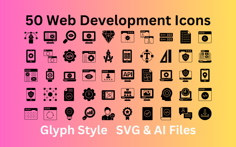 Webbutveckling Ikonuppsättning 50 Glyph Icons - SVG och AI-filer