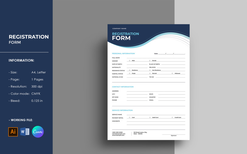 Sjabloon voor registratieformulier. Word, Illustrator en Canva