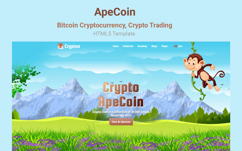 ApeCoin - криптовалюта биткойн, шаблон целевой страницы криптовалютной торговли