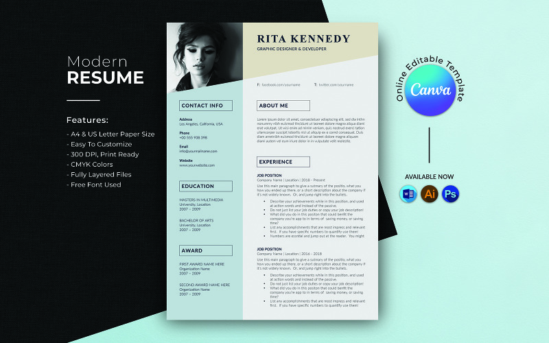 Modèle de CV de graphiste et développeur Rita Kennedy