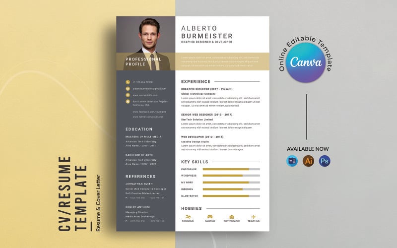 Professional Editable Resume Template Canva & Word