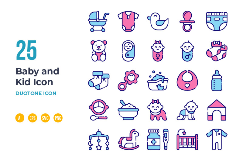 Baby and Kid icon set in colored line style design