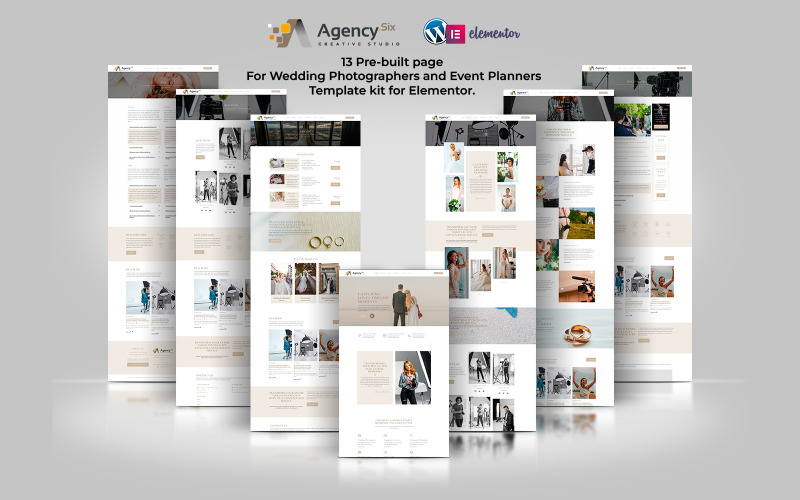 Agency Six - Kit de modèles Elementor pour photographes de mariage et planificateurs d'événements haut de gamme