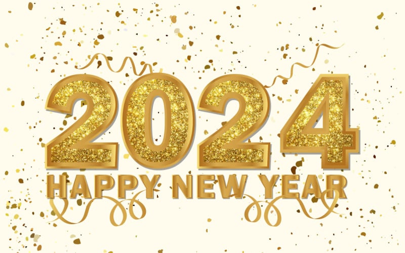 Felice anno nuovo 2024, sfondo di coriandoli glitter dorati
