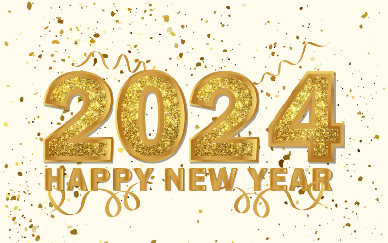 Feliz Ano Novo 2024, fundo de confete com glitter dourado