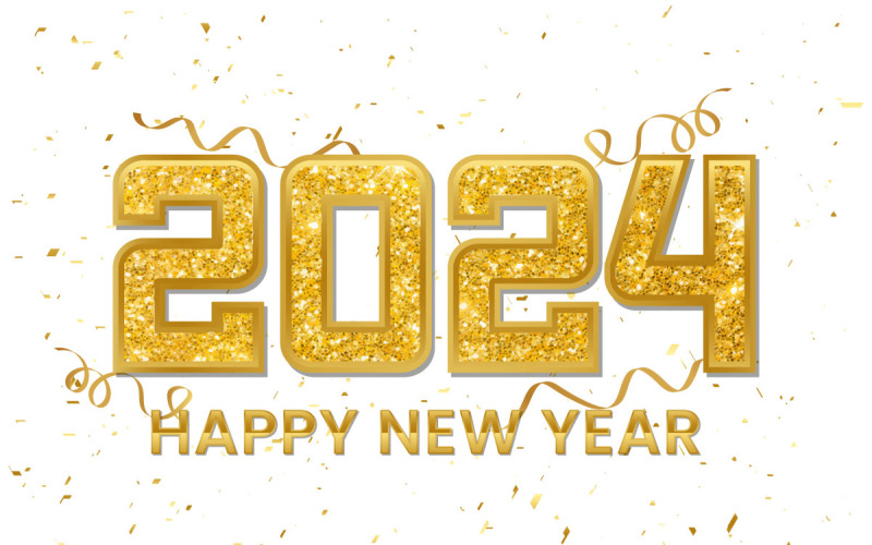 Feliz año nuevo 2024 efecto de texto, fondo de confeti dorado brillante