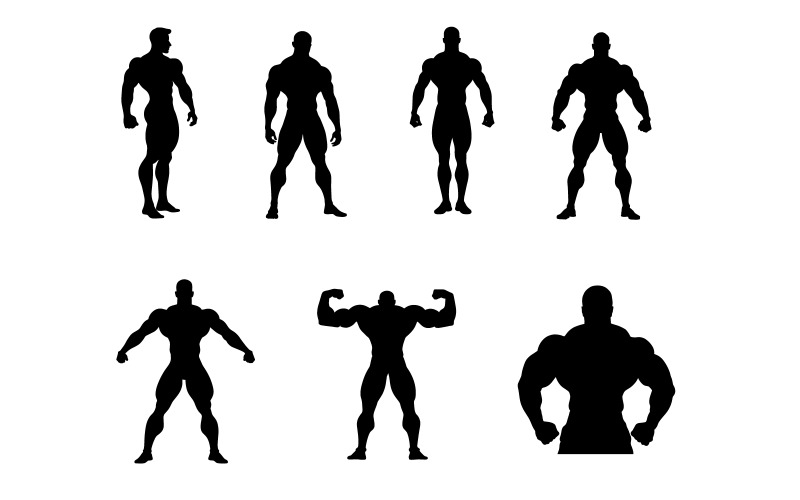 Bodybuilder muscular guy silhouettes, Vector bodybuilding silhouettes