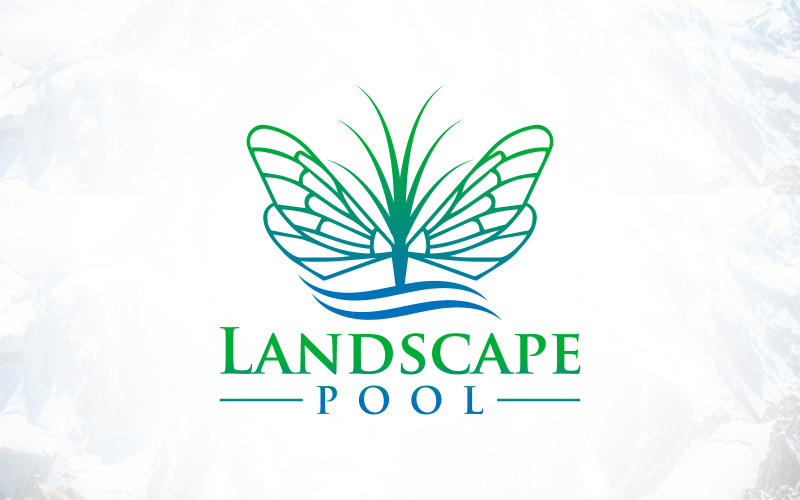 Роскошный ландшафтный бассейн с логотипом на лужайке с бабочками