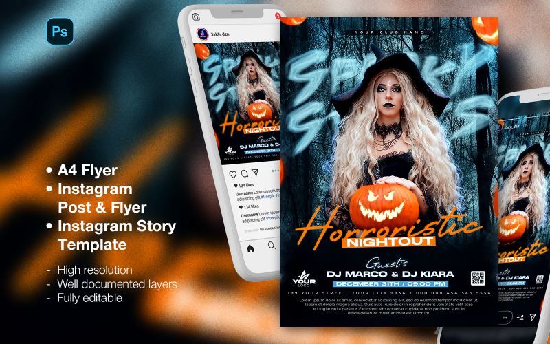 Spooky - Dj Club Night Party Flyer en post op sociale media