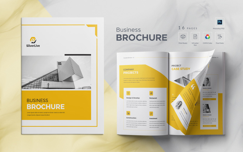 Design del layout di una brochure aziendale gialla da 16 pagine