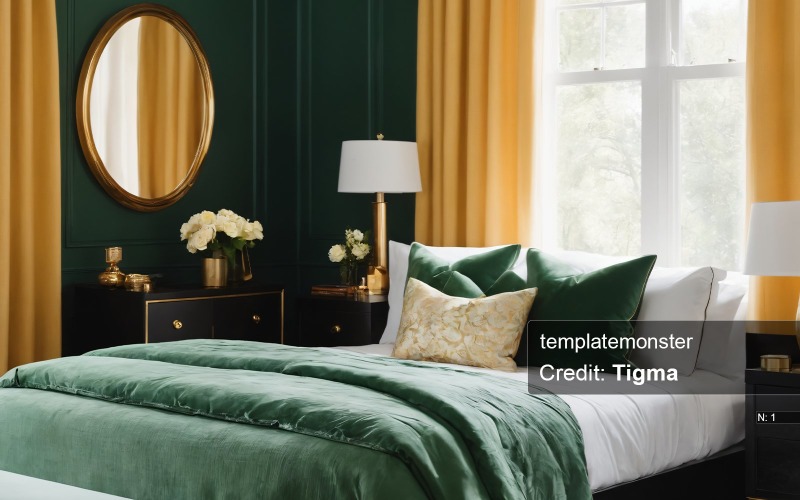 用枝形吊灯装饰迷人卧室的秘密, 一面金色的镜子和一件绿色的床上用品