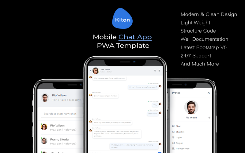 Kiton - Modello PWA dell'app di chat mobile