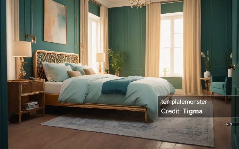 Wysokiej jakości zdjęcie dobrze oświetlonej sypialni z niebieską kołdrą i złotymi akcentami