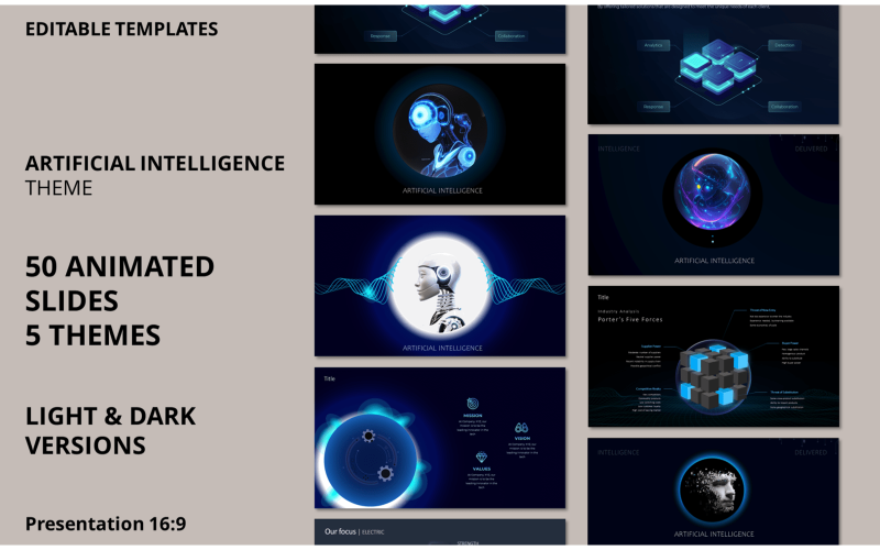 Megabundel Kunstmatige Intelligentie-thema (5 omslagdia's, 50 dia's in totaal) Keynote-sjabloon