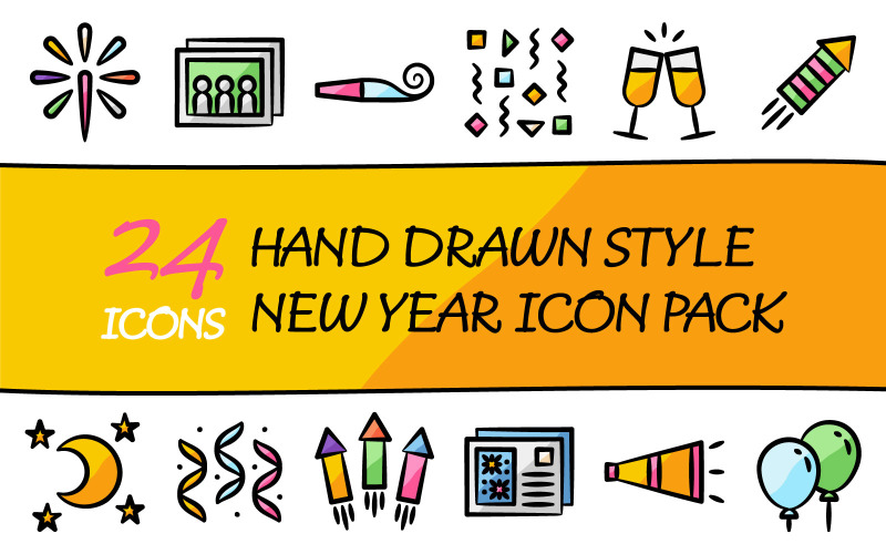 Drawniz:手绘填充风格的多功能新年快乐图标包