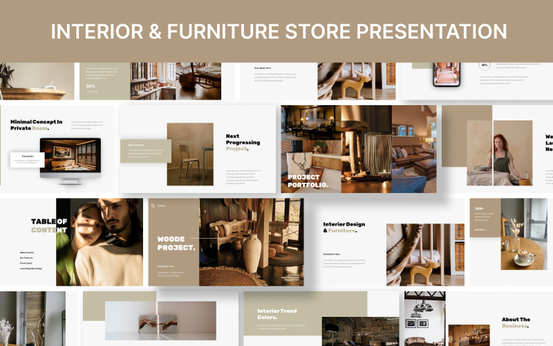 Projeto Woode - Modelo de apresentação do Google Slides para loja de interiores e móveis
