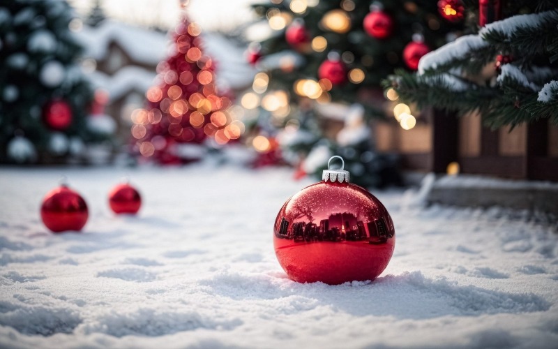 红色圣诞球装饰在雪与灯和圣诞树模糊